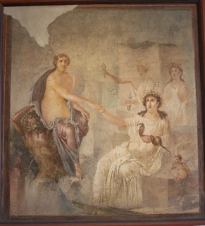 A Roman wall painting showing the Egyptian goddess Isis (seated right) welcoming the Greek heroine Io to Egypt