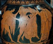 The Rape of Leto by Tityos. Side A from an Attic red-figure amphora, ca. 515 BC. Attributed to the Aegisthus Painter or Phintias
