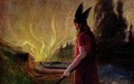 As the flames rise Óðinn leaves Brynhildr. Illustration by Hermann Hendrich.