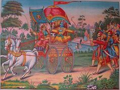 300px-Subhadra, the half sister of Krishna, drives a chariot away from Dwarka with Arjuna and Krishna inside.