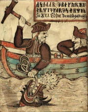 Illustration from the 18th-century Icelandic manuscript NKS 1867 of Thor's fight with the , the subject of early skáldic verses by Bragi Boddason and Úlfr Uggason