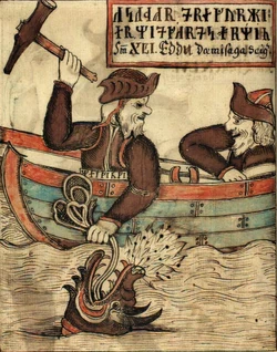 One of the decorations on Ragnarr's shield probably showed Thor's fishing trip. This illustration of the scene is from an 18th-century Icelandic manuscript.