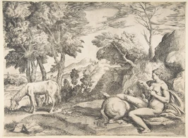 Saturn in the guise of a horse being suckled by the nymph Philyra, engraving by Giulio Bonasone ca