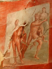 A Roman fresco from Herculaneum depicting Hercules (from Etruscan Hercle and ultimately Greek Heracles) and Achelous (patron deity of the Achelous River in Greece) from Greco-Roman mythology, 1st century AD
