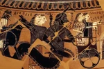 Hephaestus, Eileithyia, Tethys, Oceanus, Artemis, and Athena at the procession of gods at the wedding of Peleus and Thetis. Attic Black Figure Dinos ca. 580 - 570 B.C. Signed by Sophilos