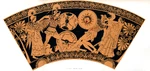 Drawing of an Athenian red-figure calyx krater by the Tyszkiewicz Painter depicting the battle between Achilles and Memnon over the body of the fallen Greek warrior Melanippus. The heroes are each supported by a goddess-- Achilles by Athena and Memnon by his mother, Eos. (ca 490-480 B.C.)