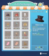 Gift Exchange screen showing prizes and their cost.