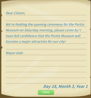 Example of the letter announcing the museum opening