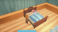 A promotional gif of a player getting into an undyed Hardwood Double Bed with their spouse, Paulie