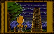 Gil facing the tower in the PC Engine version.