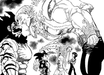 Escanor, Ludociel and Merlin facing Chandler, Zeldris and Cusack