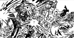 Ban, King and Meliodas intercepting the Demon King's attacks