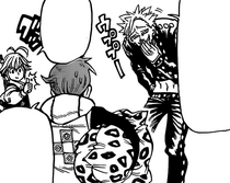 Meliodas and King congratulating King for his win by cheat