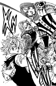 Hendrickson stabbing Gilthunder and Meliodas at the same time