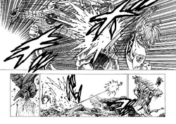 Meliodas' punch sending Galand flying away