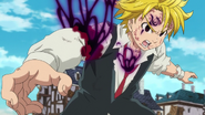 Meliodas reattaching his arm and healing his wound