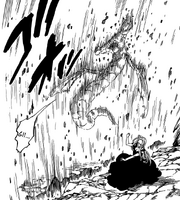 Meliodas defeating a monster near Margaret with his Divine Slayer attack