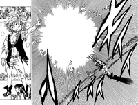 Meliodas uses Counter Vanish on Cain's attack.