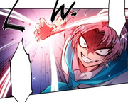 Haru with his hand pulled back to strike, and an expression of vicious glee. Glowing impact lines swirl around the hand.