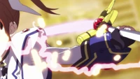 Nanoha throwing Cross Smasher from behind while casting Exelion Shield with another hand