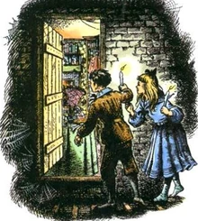 Полли и Дигори пробираются по проходу на чердаке.