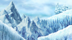 An icy realm, composed of frozen canyons and mountains. Another castle-like construction is situated atop an icy cliff.