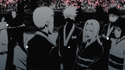 Naruto and Hinata are congratulated by Tsunade