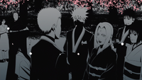 Naruto and Hinata are congratulated by Tsunade