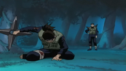 Iruka resistindo ao ataque de Mizuki.