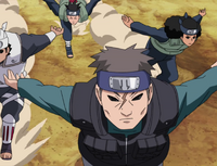 Takigakure (variant): In the anime, a variant of Takigakure's flak jacket has been seen that is quite different from the current style used. It resemble's Konohagakure's model (complete with a neck guard, buttoned shoulder padding, scroll pouches and a zipper) but is coloured purple and lacks the spiral crest on the back.