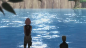 Naruto y Sakura al borde del lago.