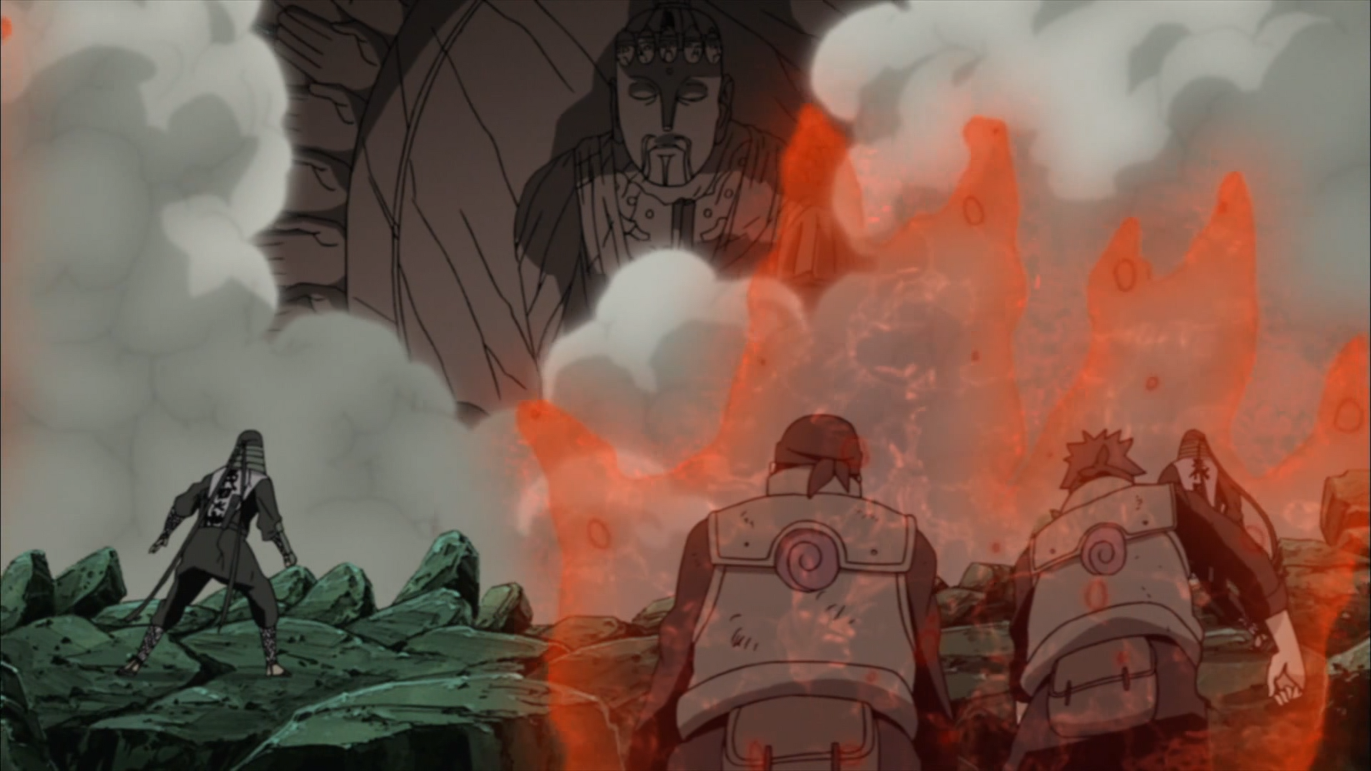 A morte do Terceiro Hokage., O Terceiro Hokage, Hiruzen Sarutobi,  protagoniza a cena mais marcante de Naruto, usando o jutsu do herói que uma  vez salvou a aldeia, confiando poder ao