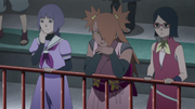 Sumire, Chōchō e Sarada assintindo Boruto VS Iwabee