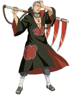 Hidan's appearance wearing the Akatsuki cloak.