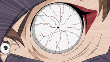 Mind-controlling dōjutsu: In the anime, a shinobi was able to use an ocular-based ability to take control of Rock Lee's body. When used, the caster's iris and pupil shrinks and the veins in the sclera become more prominent.[6]