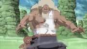 O Terceiro Raikage é acertado pelo golpe de Temari.