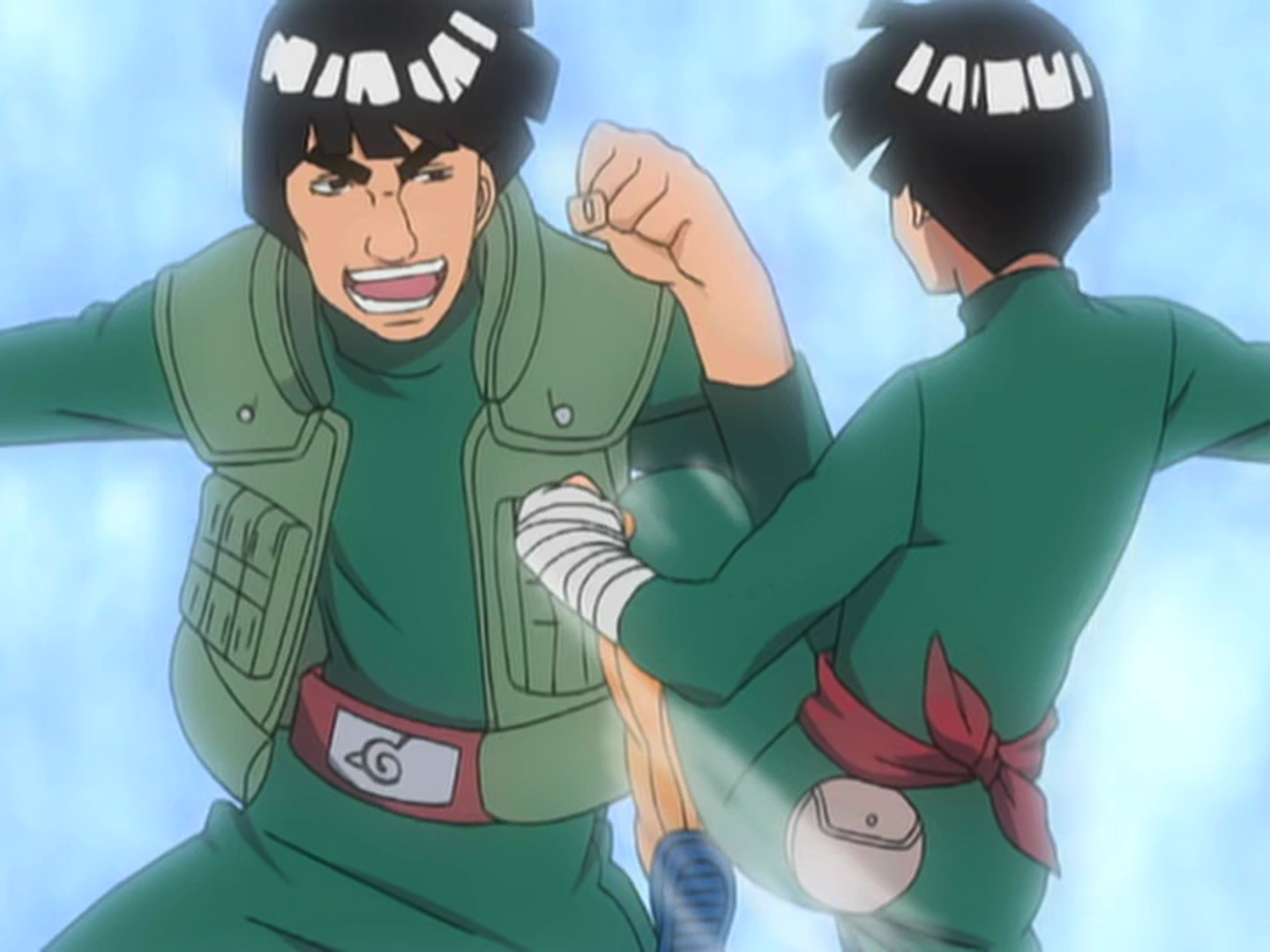 Naruto, Professor Guy e Rock Lee extremamente emocionados. Finalização