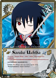 Carta de Sasuke Uchiha usando una capa de Akatsuki.