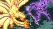 A senjutsu-enhanced Naruto and Sasuke attack Obito.