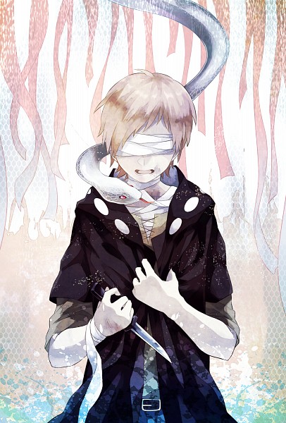 A white haired young anime boy, blindfolded, street