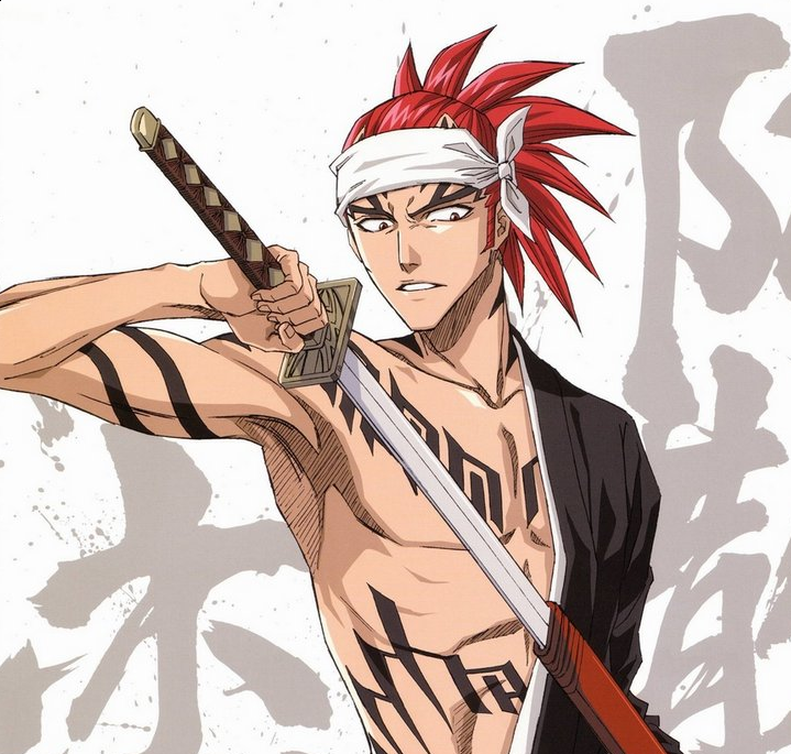 A guy, in fullbody with head, with long red hair, muscular, with tatoo,  with piercing, with black clothes, with woods backgrown, in anime style,  high quality for image, 2500x1500 size on Craiyon