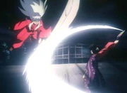 Samiya, in a puppet, overwhelming an enemy with simple Wind Release.