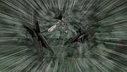 Obito ejecting multiple shuriken from Kamui's dimension.