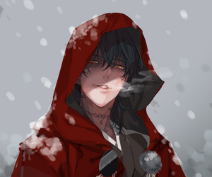 Anime boy with red and black hair with black hood wi