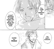 Natsume saying he'll worship Tsuyukami, but Tsuyukami refusing because Natsume is his friend.