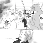 Nyanko-sensei warning Natsume to not let himself be vulnerable.