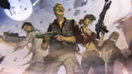 Russman (far right) after being teleported with the other characters.