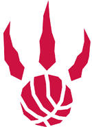 The alternate Raptors logo (1995–2006), featuring three claws and a basketball that doubles as a stylized palm, and was also used as part of the Raptors tenth anniversary logo. Purple was the primary colour used by the Raptors, until it was replaced by red prior to the 2006–07 season.