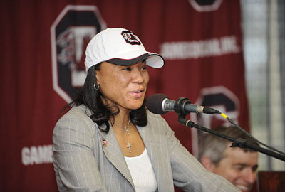 Basketball coach Dawn Staley speaks to female athletes of color in Omaha