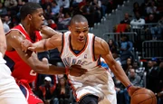 Russell Westbrook drives aganist the Atlanta Hawks on January 18, 2010